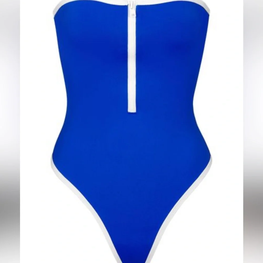 skims sporty zipper swim strapless one piece